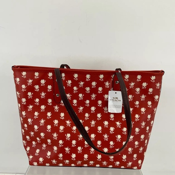 Coach Red & White Floral Tote Shoulder Bag - Picture 7 of 8